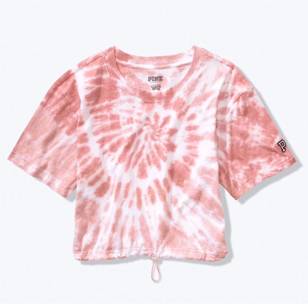 VS PINK TIE DYE CROP DRAWSTRING CREW